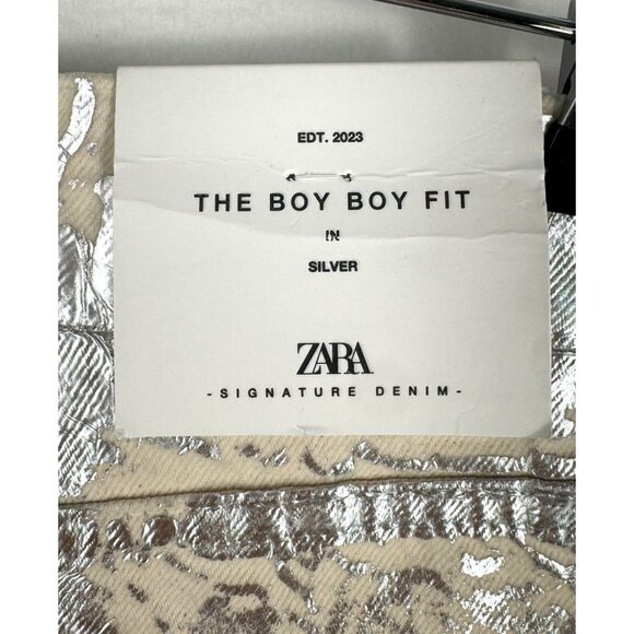 ZARA MID-RISE BOYFIT‎ Painted straight leg JEANS  Metallic Silver sz 4 - Picture 11 of 13